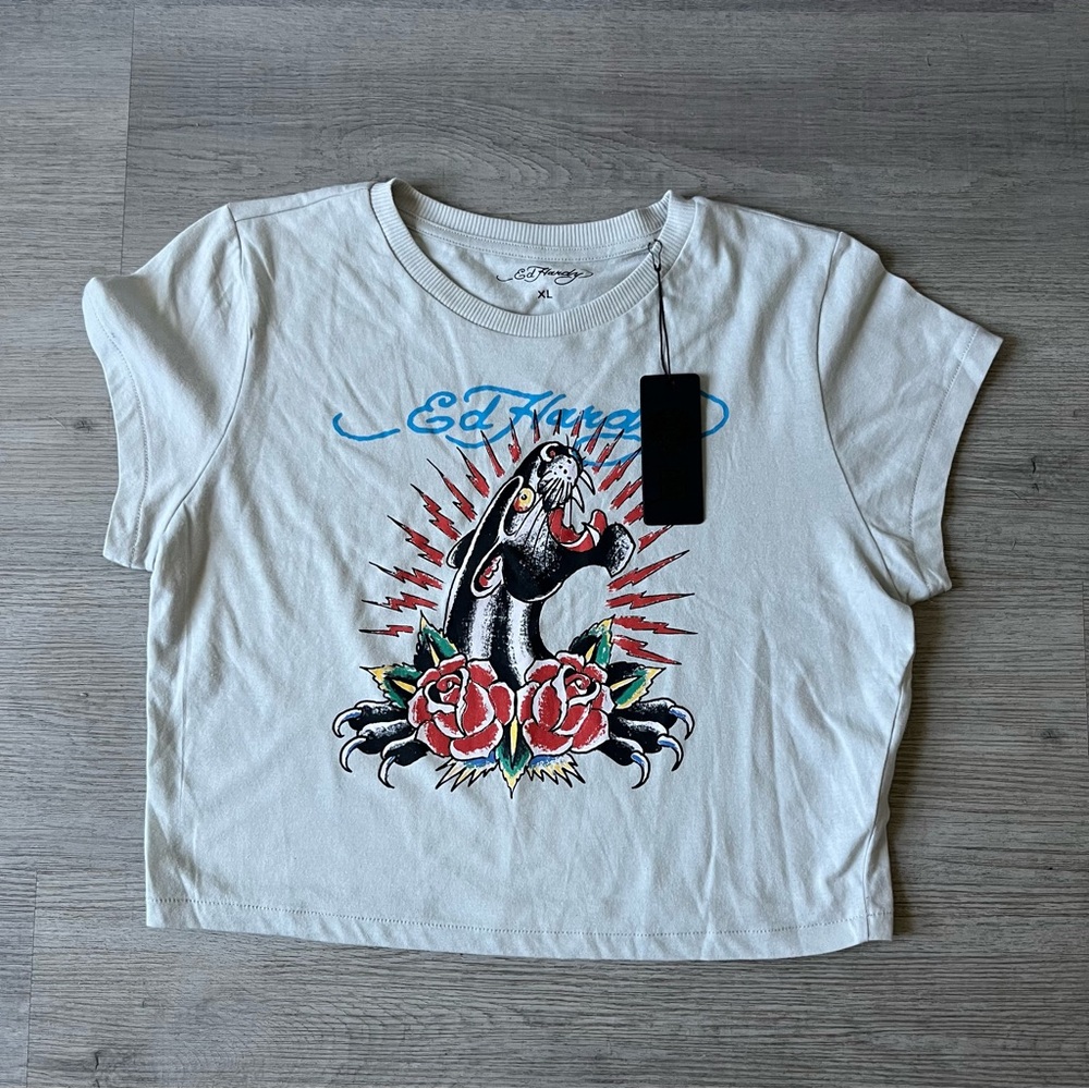 Ed Hardy White Crop Top with Graphic Design